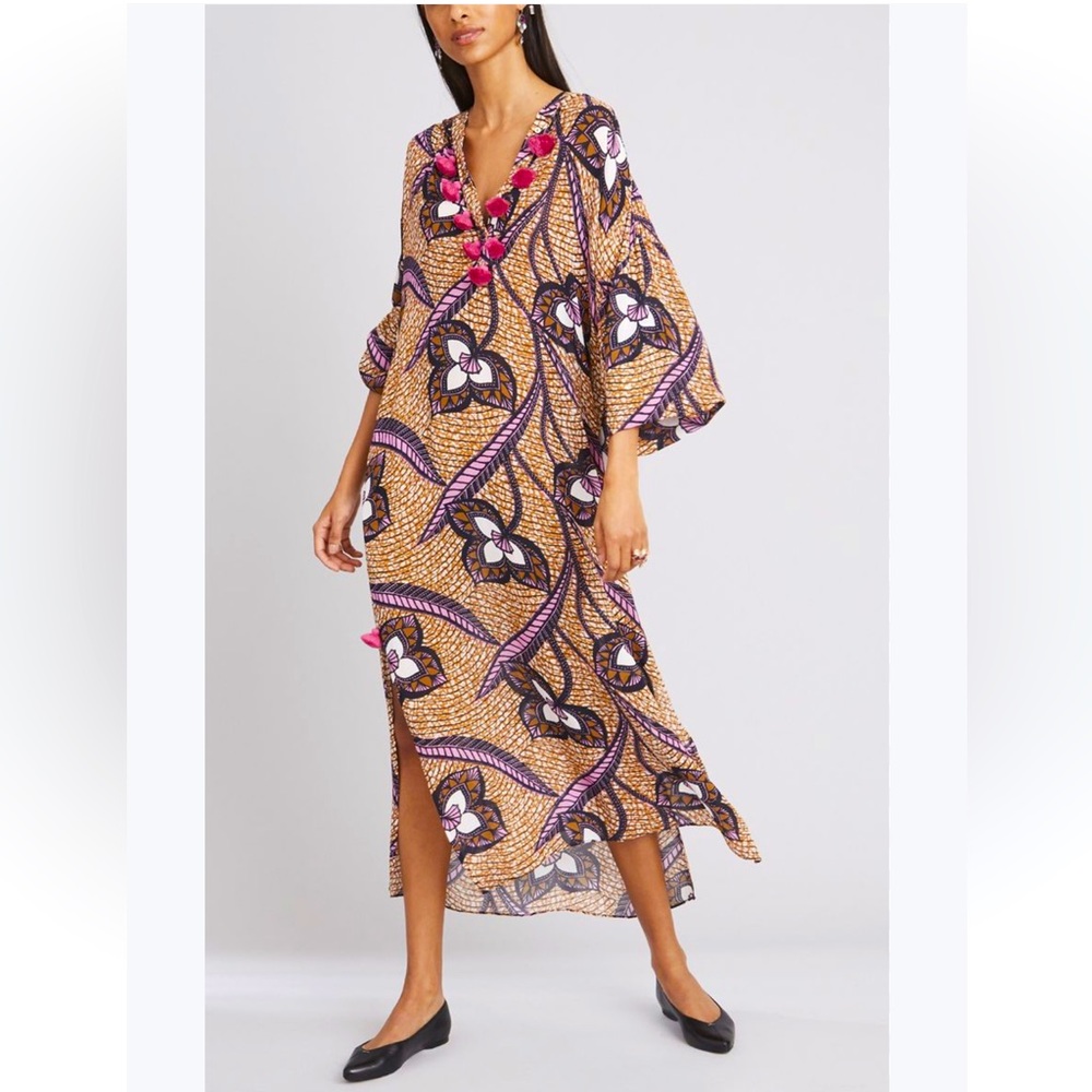 FIGUE Ciara Floral Print Tassel Kaftan Dress Cover Up